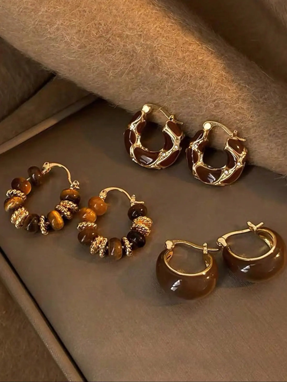 Women's Elegant Tiger Eye Stone Hoop Earrings Set, Geometric Design Synthetic Resin Enamel Style Jewelry, Trendy Jewelry for Daily Wear & Parties, Hoop Earring Sets