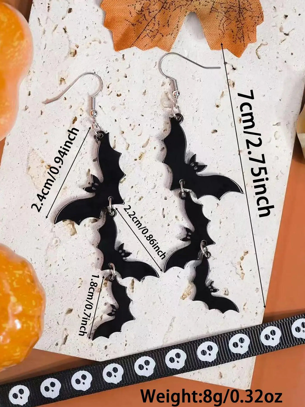 Acrylic Material Halloween Dangling Earrings Black Skull Bat Drop Dangle Style Earrings for Women Fun Cute Spooky Theme Halloween Holiday Costume Jewelry Dangly Earrings