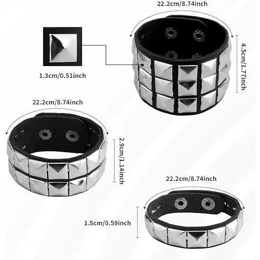 3-Pack Rivet Leather Studded Cuff Bracelets - 80s Punk Vibe Double Layered Adjustable Slider Jewelry, Bracelet Stack, Bangles, Easy Party Gift Choice for Men, Festive & Party Supplies Accessories