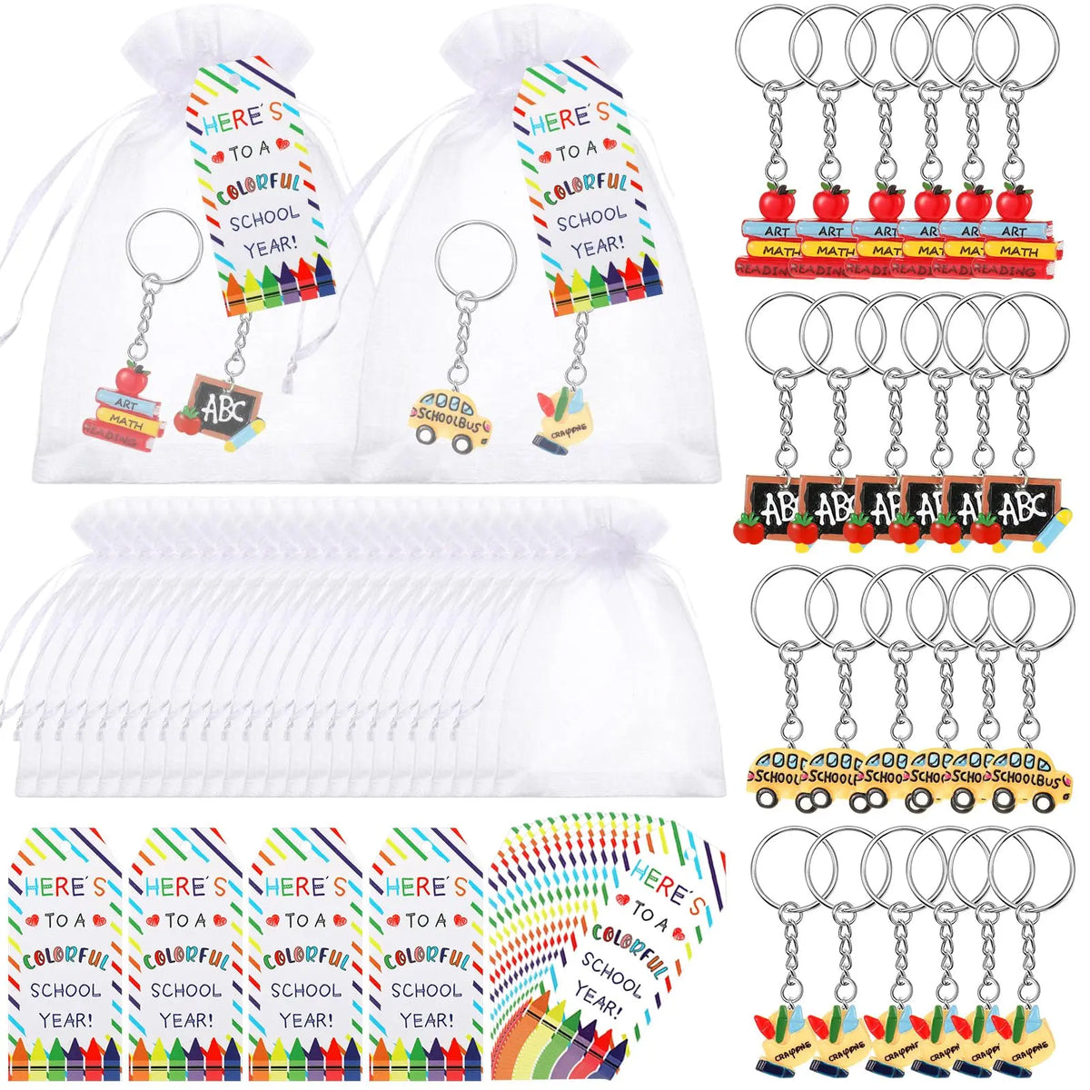 Gejoy 24 Set Packing-Free Birthday Gift Bags Sets Classroom Birthday Party Favors for Students Bulk Birthday Gifts for Whole Class Keychain Gift Set with Tags Organza Bags 4th of July Gifts Idea Classroom Reward Gifts Idea School Party Goodie Bag Stuffers