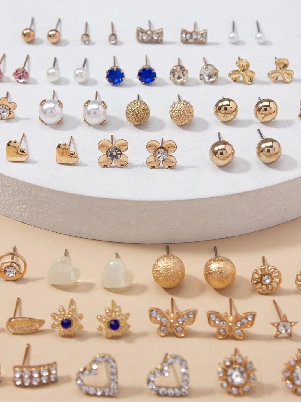 30 Pairs Fashion Elegant Rhinestone Decorated Bow Heart Leaf Design Stud Earrings, Earring Set, Daily Casual Versatile Accessories For Women & Girls, Matching Jewelry, Stud Earring Pack