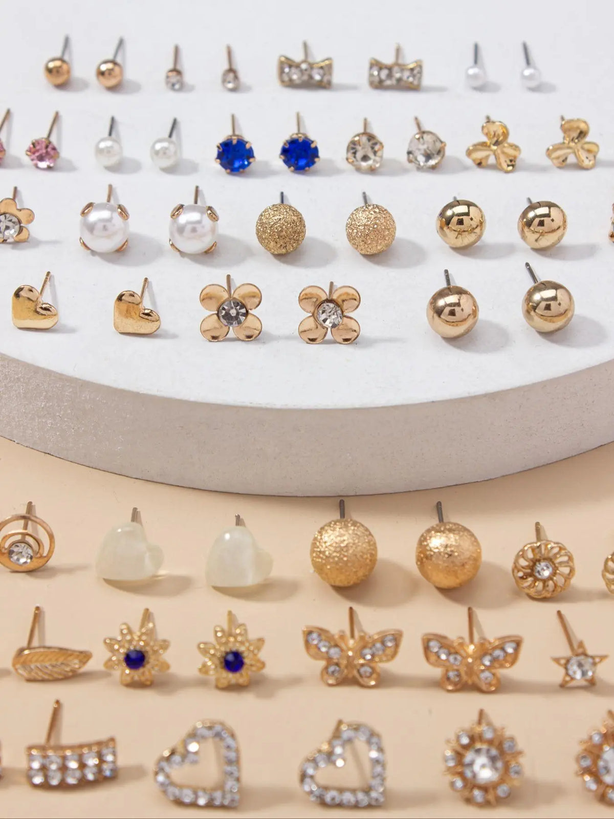 30 Pairs Fashion Elegant Rhinestone Decorated Bow Heart Leaf Design Stud Earrings, Earring Set, Daily Casual Versatile Accessories For Women & Girls, Matching Jewelry, Stud Earring Pack