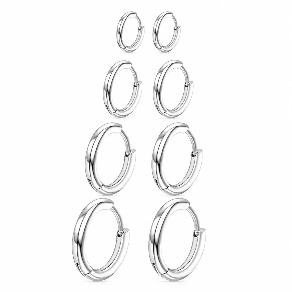 Women's & Men's Accessories 4-Pair Classic 316L Surgical Steel Silver Hypoallergenic Huggie Hoop Earrings, Ideal for Cartilage Piercings & Layering (8mm,10mm,12mm,14mm)