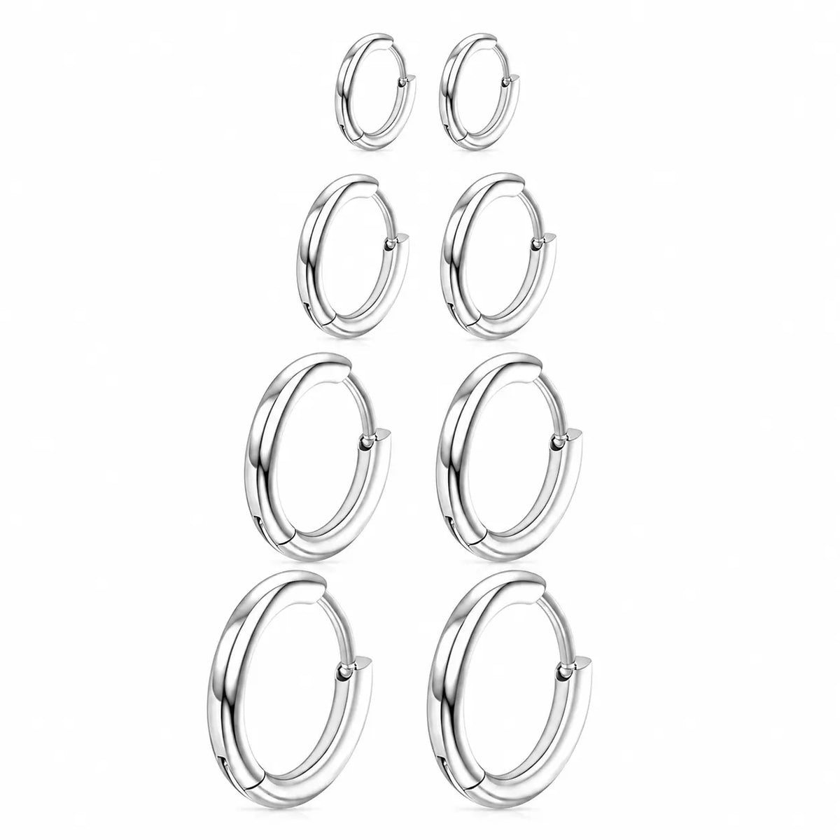 Women's & Men's Accessories 4-Pair Classic 316L Surgical Steel Silver Hypoallergenic Huggie Hoop Earrings, Ideal for Cartilage Piercings & Layering (8mm,10mm,12mm,14mm)