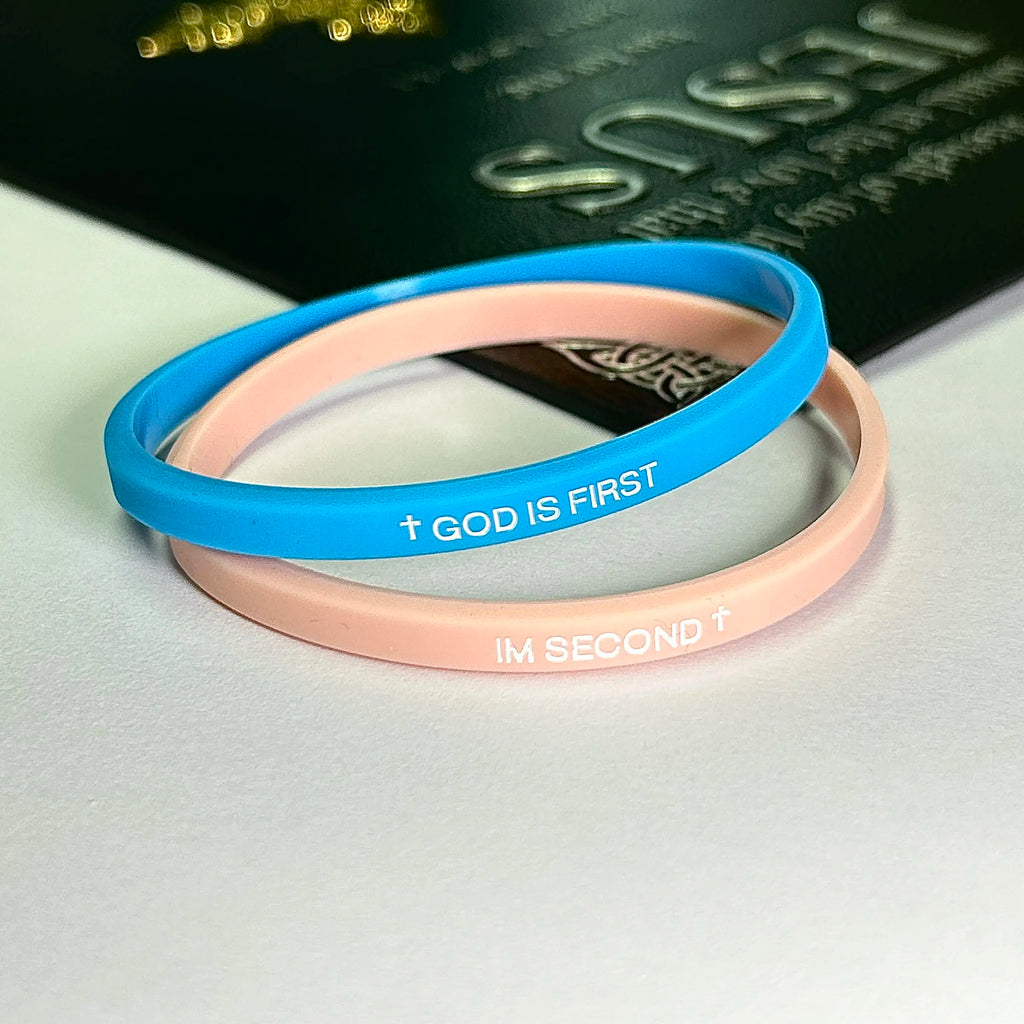 EWOPT 4 Pack Christian Silicone Bracelets - "God Is First I'm Second" Simple Engraved Logo Style, Interchangeable Black & White Bands, Mix & Match Scripture Wristbands, Faith Statement Bracelets & Bangles Gift Set for Men, Women Teens