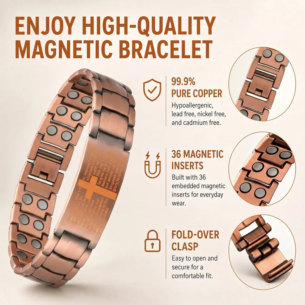 Copper Magnetic Therapy Bracelet for Men & Women - 3X Strong Magnet-Style Bracelets & Bangles with 3500 Gauss Neodymium Magnets, Metal Ring, Adjustable, Static Electricity Elimination, Casual/Formal Magnetic Field Therapy Cross Jewelry,sohochic