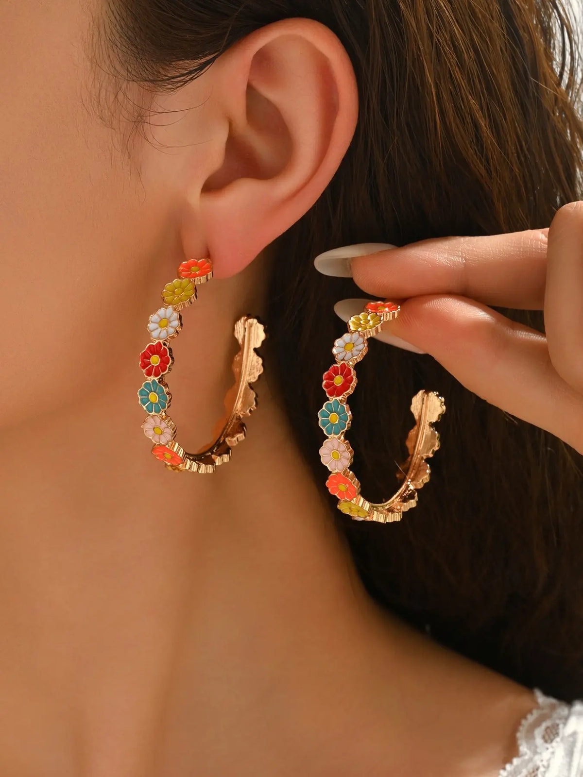 1 Pair Cute Floral Resin Druzy Hoop Earrings, Colorful Earrings, Fashionable Earrings, Casual Trendy Jewelry, Suitable Gift For Girlfriend, Daily, Vacation, Party, Wedding, Jewelry Accessories