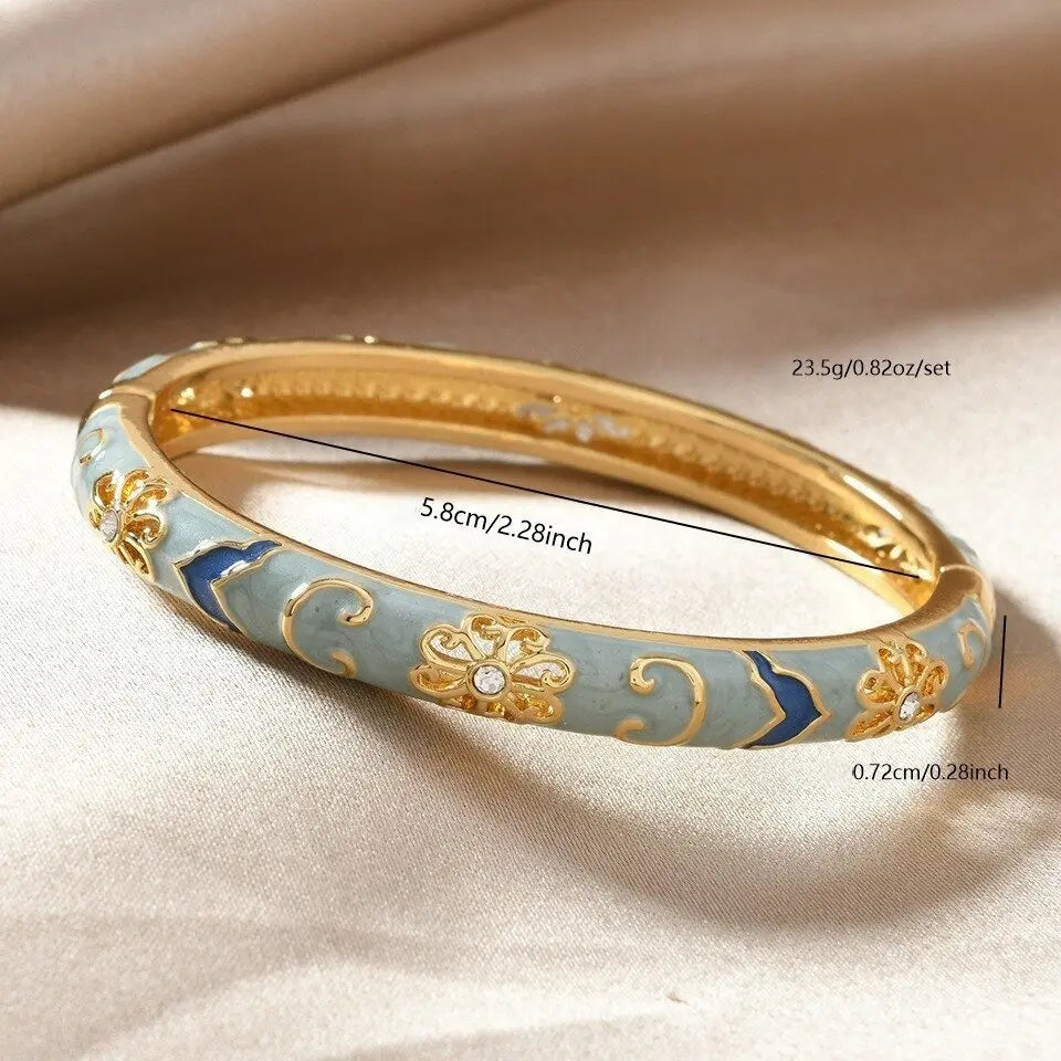 Women's Vintage Floral Enamel Bangle - Gold-Tone Cubic Zirconia Bracelet with Bling Effect, Gold Aesthetic Wrist Stack Accessory, Vintage Things for Party & Daily Wear, Ideal Women's Gift,sohochic