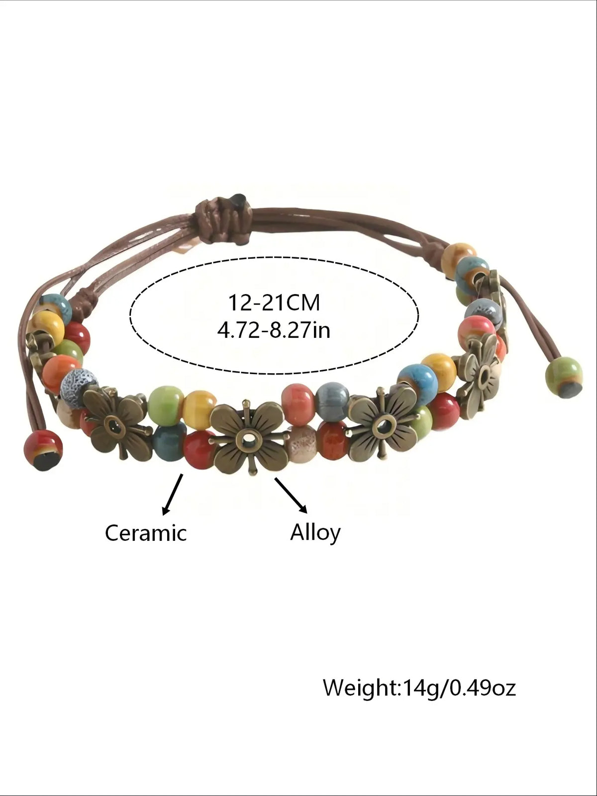 1Pc Boho Vintage Adjustable Wax Rope Bracelet, Colorful Ceramic Beads Antique Metal Flower Charms Handmade Wrist Jewelry Gift For Women Daily Matching Fashion Creative Jewelry