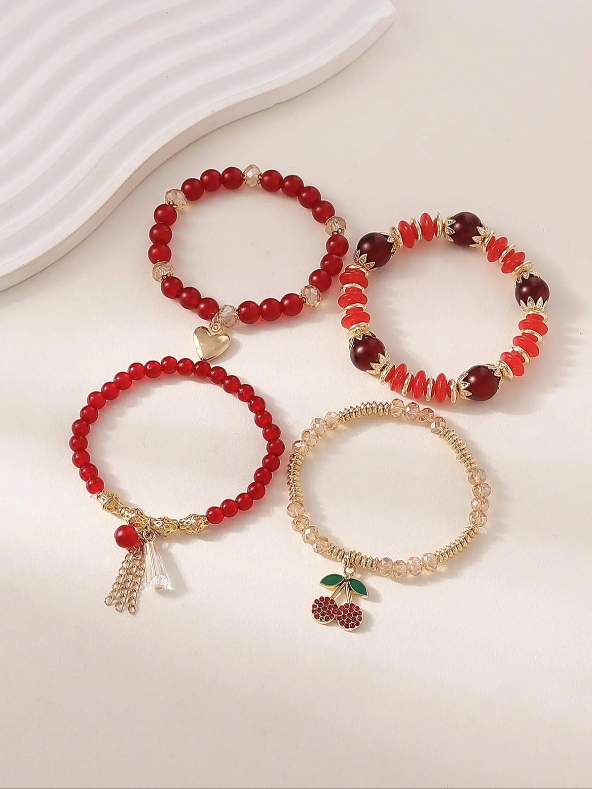 Cute Cherry & Leaf Design Beaded Heart Charm Bracelet, Boho Style Jewelry for Women & Girls, Trendy All-match & Exquisite Jewelry for Birthday Gift, Xoxo Style Bracelet, Beaded Bracelets