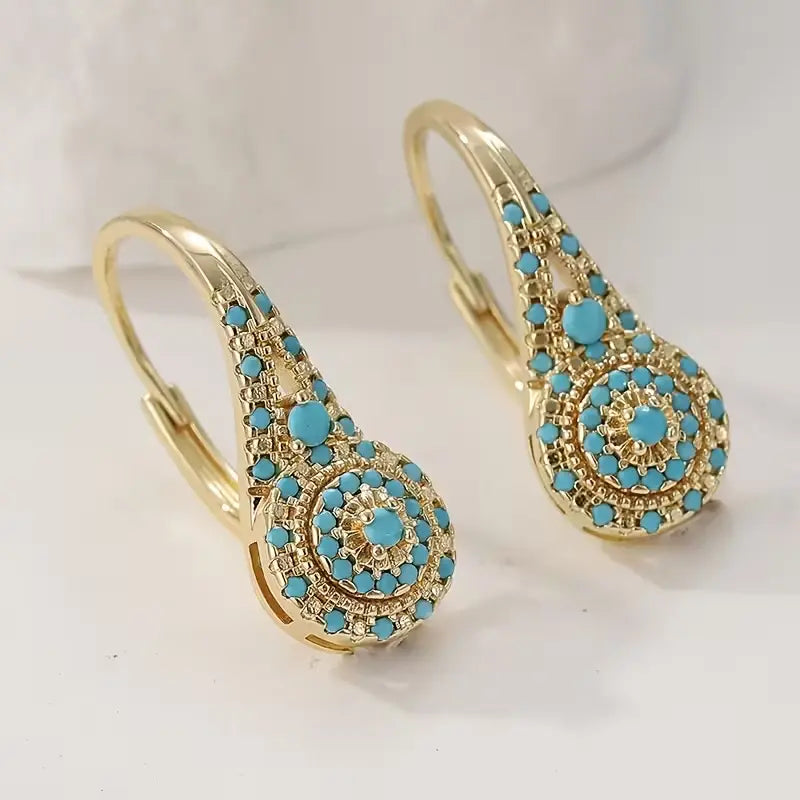 Women's KC Gold Plated Synthetic Turquoise Teardrop Dangle Earrings - Teardrop Design, Metal Coating, KC Gold Shine, Dangle Movement, Intricate Detailing, Sophisticated Female Jewelry for Everyday & Formal Events, Valentine's Gift, Valentine Gift,sohochic
