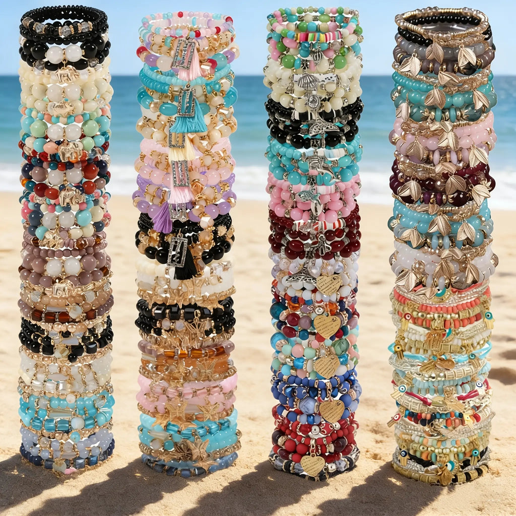 Women's Boho Charm Bracelets Set - 12/24/36pcs Mixed Color Glass Beads, Heart/Butterfly/Elephant Alloy Charms, Wrist Stack, All-Season Versatile, Accessories for Women, Valentine-day Pick, Gift-ready Set, Heart+Elephant Fun,sohochic