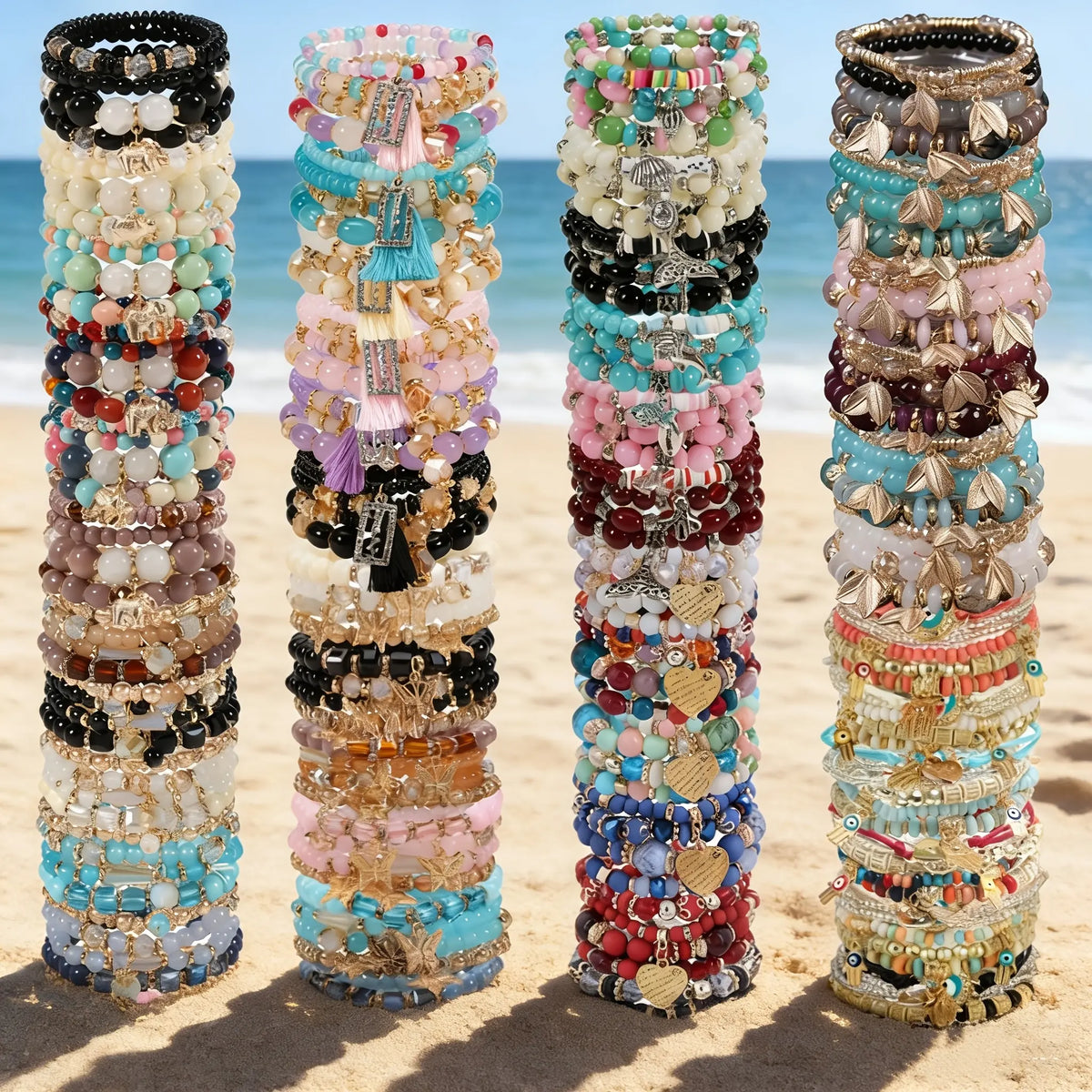 Women's Boho Charm Bracelets Set - 12/24/36pcs Mixed Color Glass Beads, Heart/Butterfly/Elephant Alloy Charms, Wrist Stack, All-Season Versatile, Accessories for Women, Valentine-day Pick, Gift-ready Set, Heart+Elephant Fun,sohochic