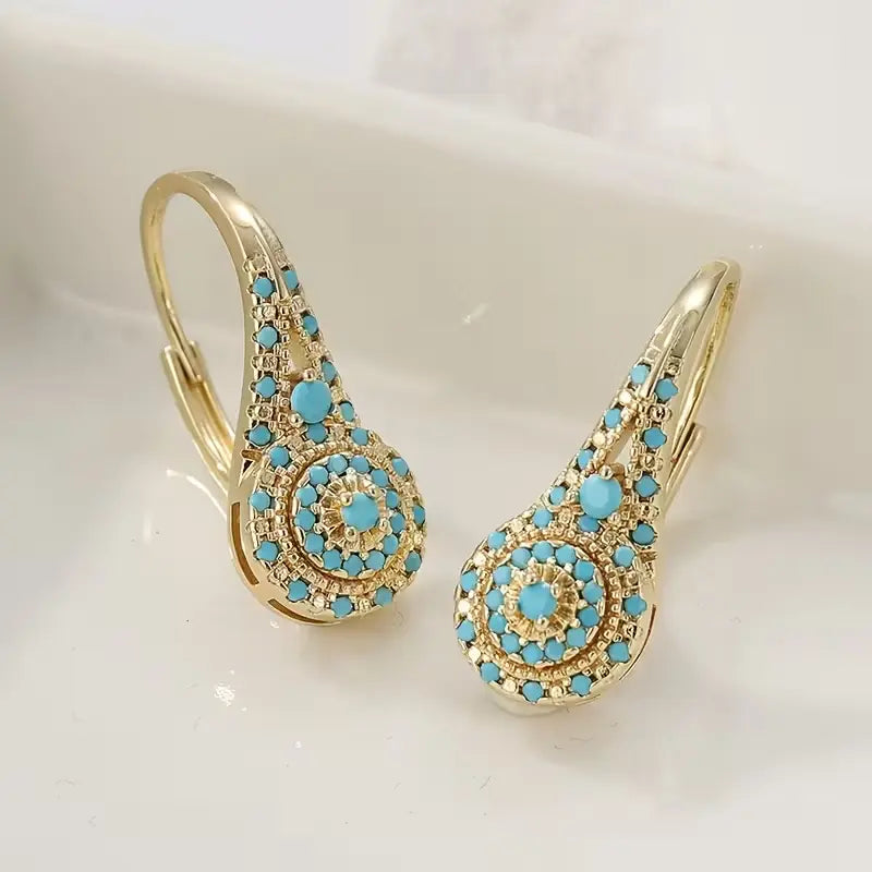Women's KC Gold Plated Synthetic Turquoise Teardrop Dangle Earrings - Teardrop Design, Metal Coating, KC Gold Shine, Dangle Movement, Intricate Detailing, Sophisticated Female Jewelry for Everyday & Formal Events, Valentine's Gift, Valentine Gift,sohochic