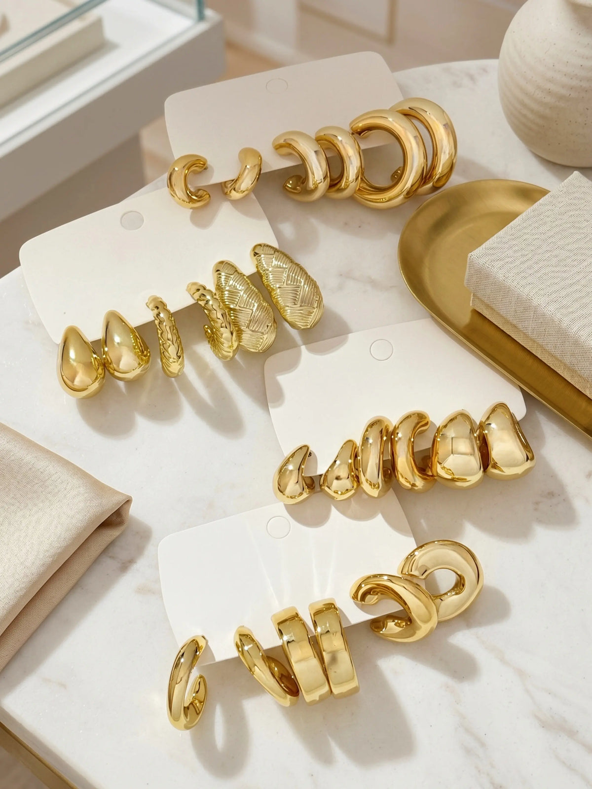 24PCS Gold CCB Open Textured Hoop Earrings Set, Multi Styles Teardrop Twist Vertical Texture C Shaped Ear Hoops, Minimalist Luxury Trendy Daily Fashion Ear Jewelry for Women