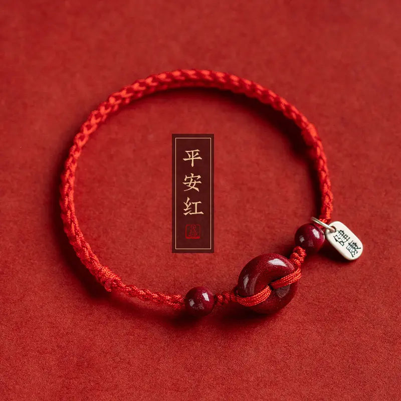Unisex Cinnabar Hand-Woven Rope Bracelet with Peace-Health Buckle - One Size Fits, Men's Accessories, Ethnic Costume Jewelry, Birth Year Accessory, Stackable Piece, Daily Wear, Symbolizes Peace and Health, Meaningful Gift