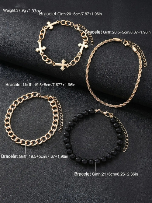 4 Piece Cross Bracelet Set, Punk Style, Silver Color Cuban Chain & Bead Chain, Unique Design, All Seasons Fashion Accessory, Chunky Link Bracelet, Bracelet Jewelry, Cuban Chain Bracelets, Bracelets Stack, Fashion Cool Accessories