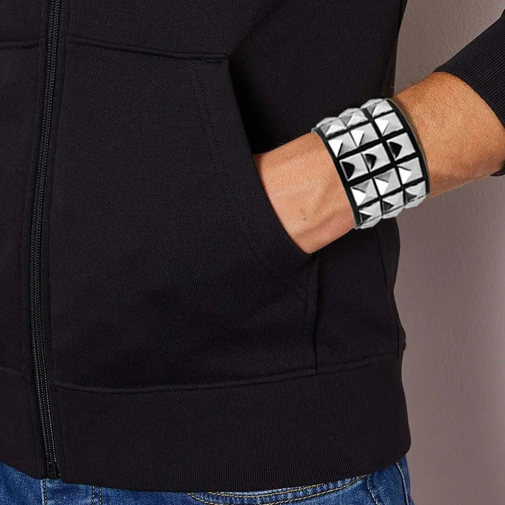 3-Pack Adjustable Studded Leather Stack Bracelets with Slider, Punk Style Jewelry for Men, Alternative Men's Accessories for Parties (Festive & Party Supplies)