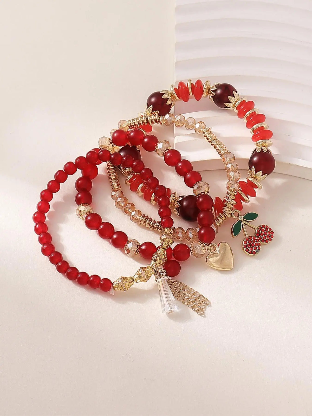 Cute Cherry & Leaf Design Beaded Heart Charm Bracelet, Boho Style Jewelry for Women & Girls, Trendy All-match & Exquisite Jewelry for Birthday Gift, Xoxo Style Bracelet, Beaded Bracelets