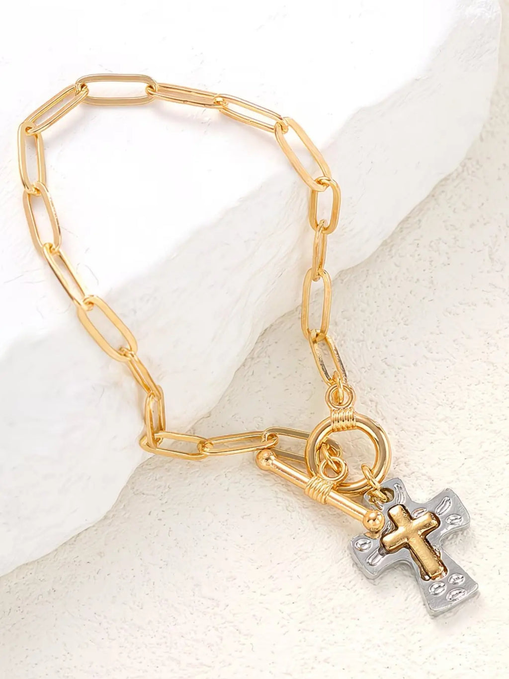 Women's Retro Cross Bracelet with Pendant, Flat Chain, OT Buckle, Two-Color Hammered Pendant, Niche Hand Jewelry, Daily Wear Accessory