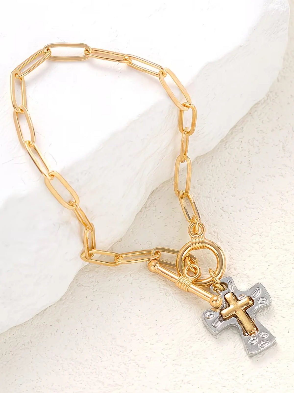 Women's Retro Cross Bracelet with Pendant, Flat Chain, OT Buckle, Two-Color Hammered Pendant, Niche Hand Jewelry, Daily Wear Accessory