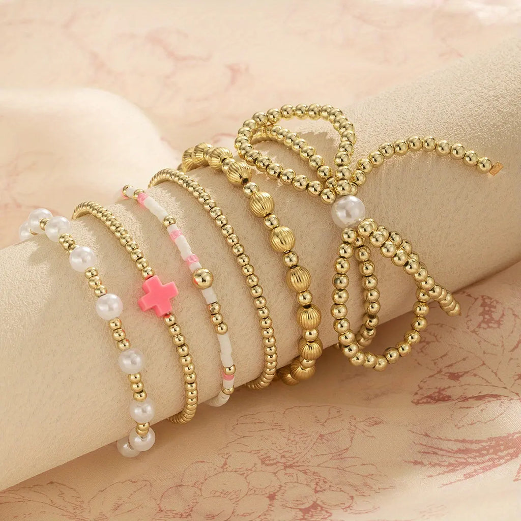 6Pcs Stylish Bohemian Resin Bow Cross Elastic Bracelets for Women - Golden-Tone Beads Accents, Casual Attire & Party Bracelets Accessories, Year-Round Fashion, Yearround Wear | Chic Appearance | Embellishments, Jewelry Gift
