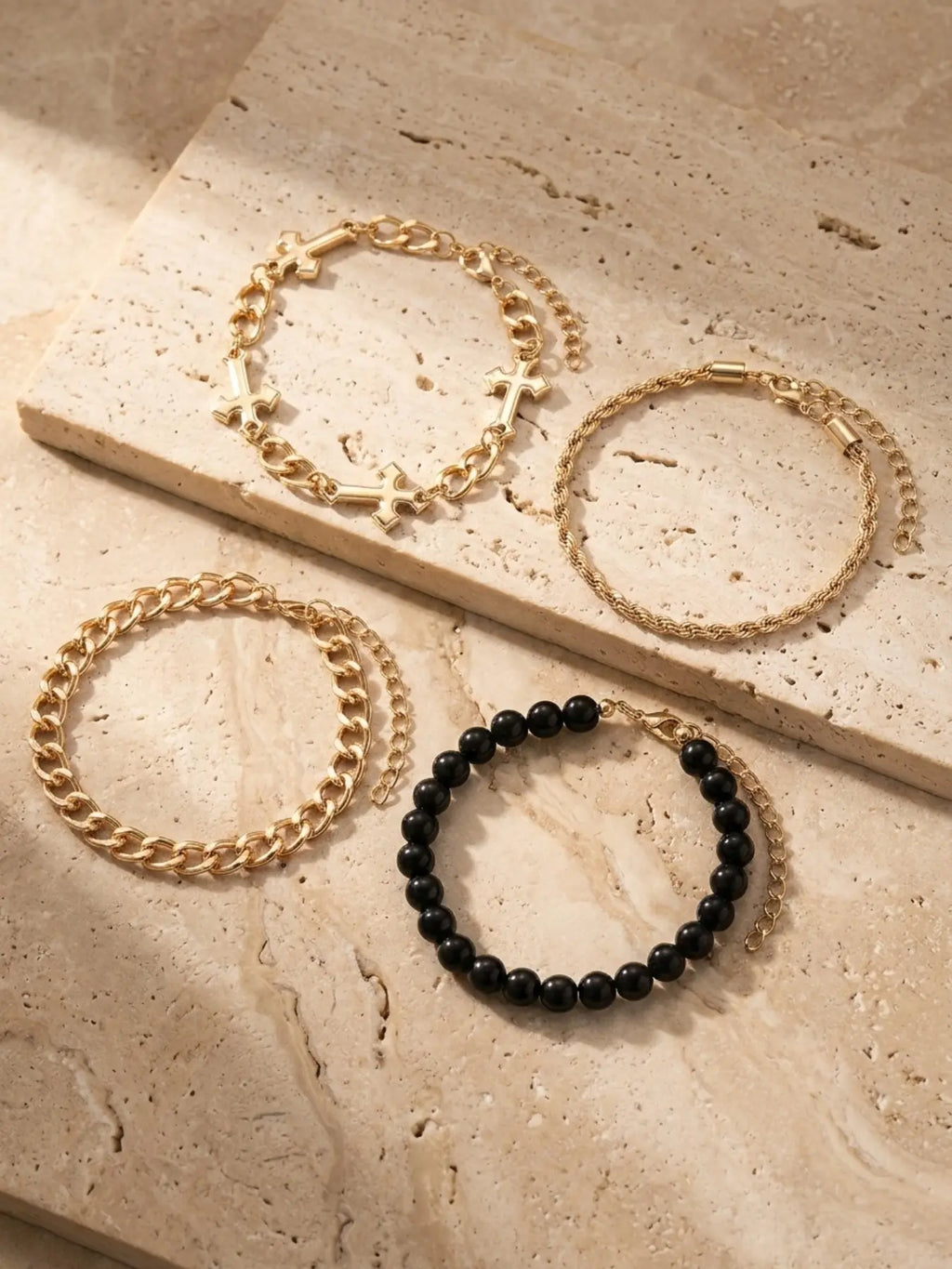4 Piece Cross Bracelet Set, Punk Style, Silver Color Cuban Chain & Bead Chain, Unique Design, All Seasons Fashion Accessory, Chunky Link Bracelet, Bracelet Jewelry, Cuban Chain Bracelets, Bracelets Stack, Fashion Cool Accessories