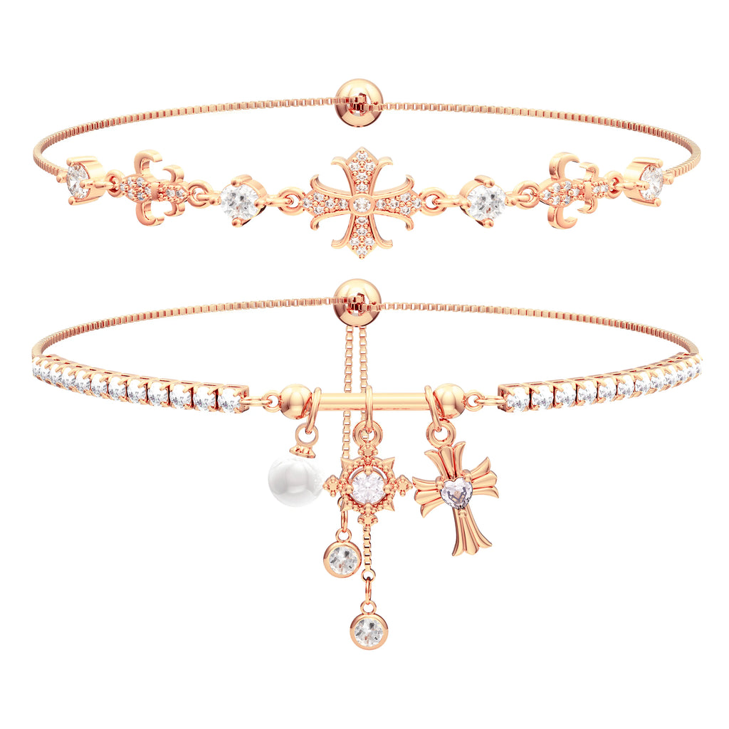 GANIA Double Layered Snowflake Cross Bracelet – Adjustable Layered Design for Women, Christian Symbol Jewelry, Gift for Valentine's Day, Wedding, Birthday, Anniversary, Daily Wear, Gift for Girlfriend, Wife, Mom