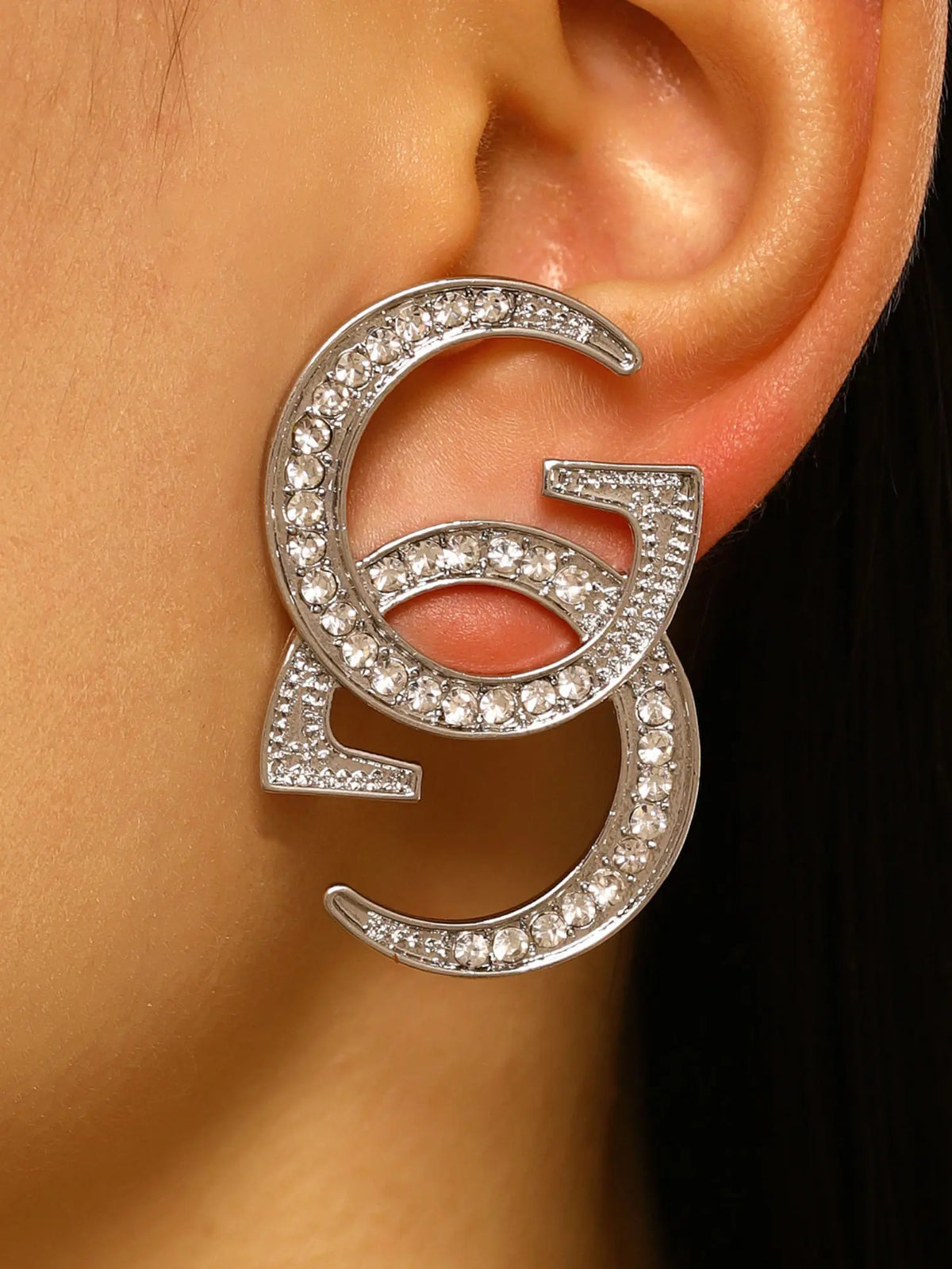 Luxurious Heavy Rhinestone Double G Letter Earrings Studs, Fashionable Earrings, Fashion Jewelry, Bold Large Size, Silver Color &, Vintage Style, Perfect for Parties