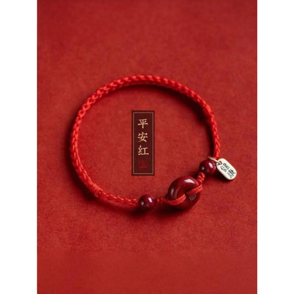 Unisex Cinnabar Hand-Woven Rope Bracelet with Peace-Health Buckle - One Size Fits, Men's Accessories, Ethnic Costume Jewelry, Birth Year Accessory, Stackable Piece, Daily Wear, Symbolizes Peace and Health, Meaningful Gift