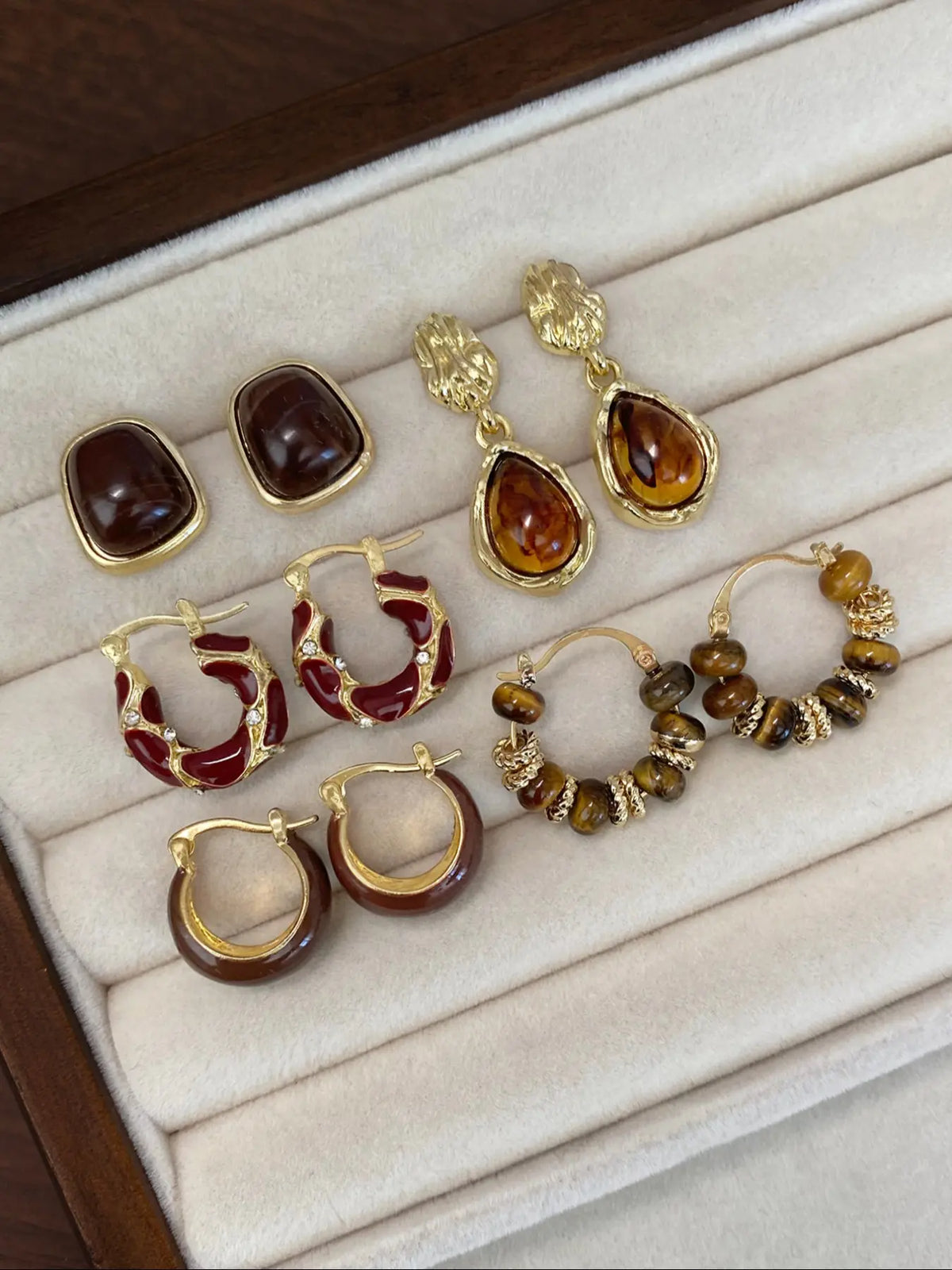 Women's Elegant Tiger Eye Stone Hoop Earrings Set, Geometric Design Synthetic Resin Enamel Style Jewelry, Trendy Jewelry for Daily Wear & Parties, Hoop Earring Sets