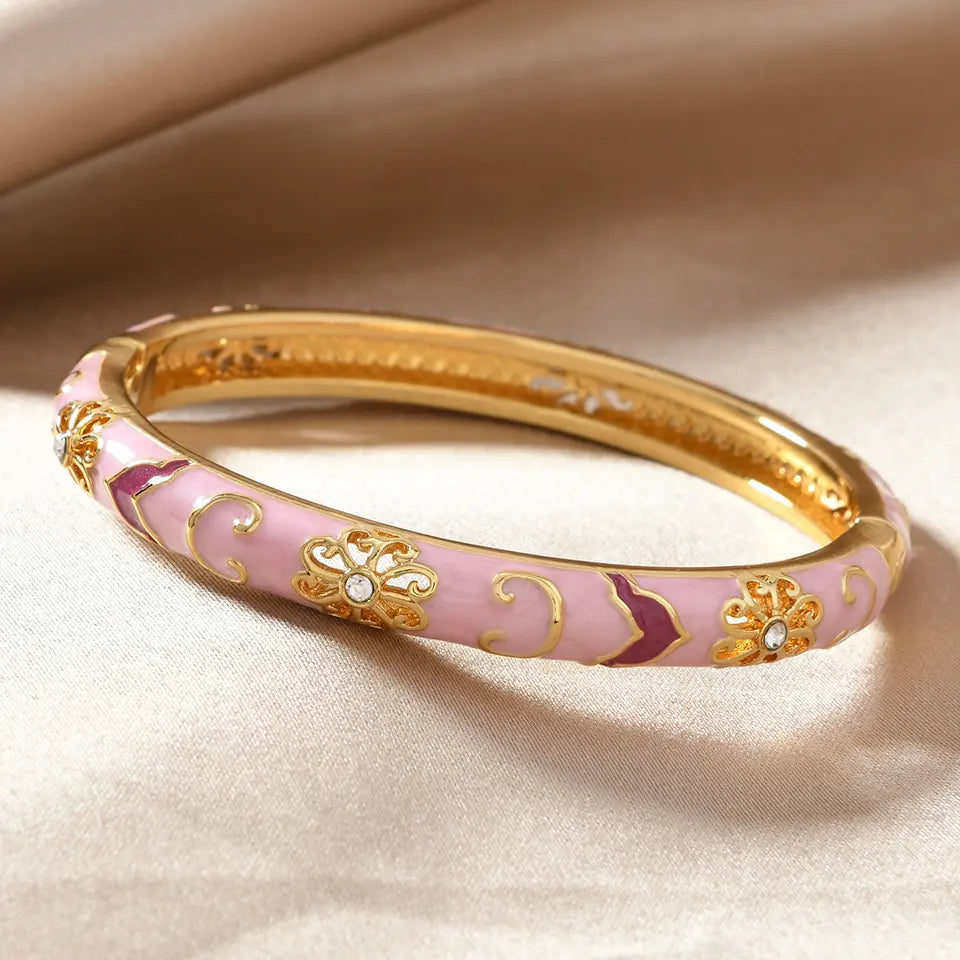 Women's Vintage Floral Enamel Bangle - Gold-Tone Cubic Zirconia Bracelet with Bling Effect, Gold Aesthetic Wrist Stack Accessory, Vintage Things for Party & Daily Wear, Ideal Women's Gift,sohochic