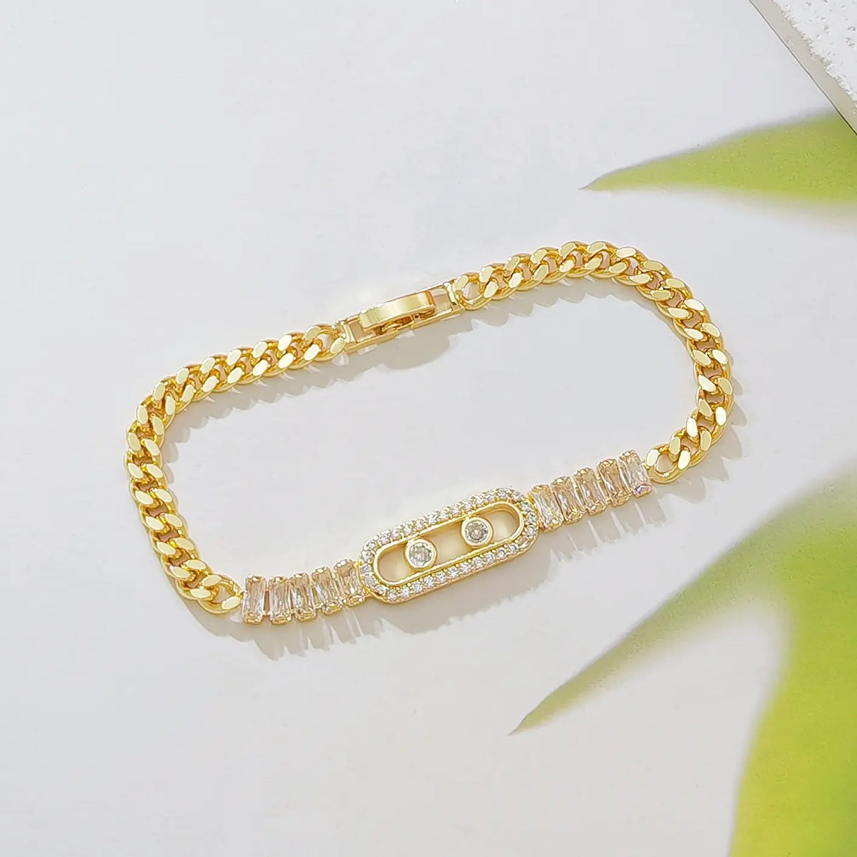 Women's Elegant Gold Plated Cuban Link Bracelet - Fashion-Forward Female Chain Jewelry Bracelets & Bangles with Sparkling CZ Sliding Charm, Baguette Cut Zircon Inlay, Metal Coating, Adjustable Dainty Costume Jewelry for Daily Wear, Gifting,sohochic