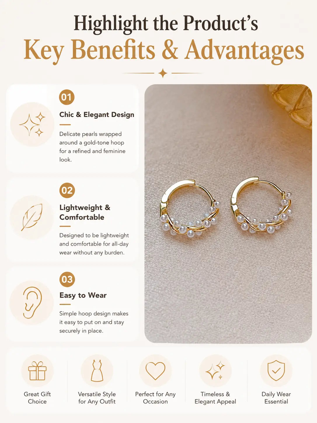 Women's Gold-Plated Alloy Stud Earrings - Lightweight Minimalist Fashionable Jewelry Accessories with Pearl-Like Bling Accents, Dainty Costume Jewelry for Everyday Elegance