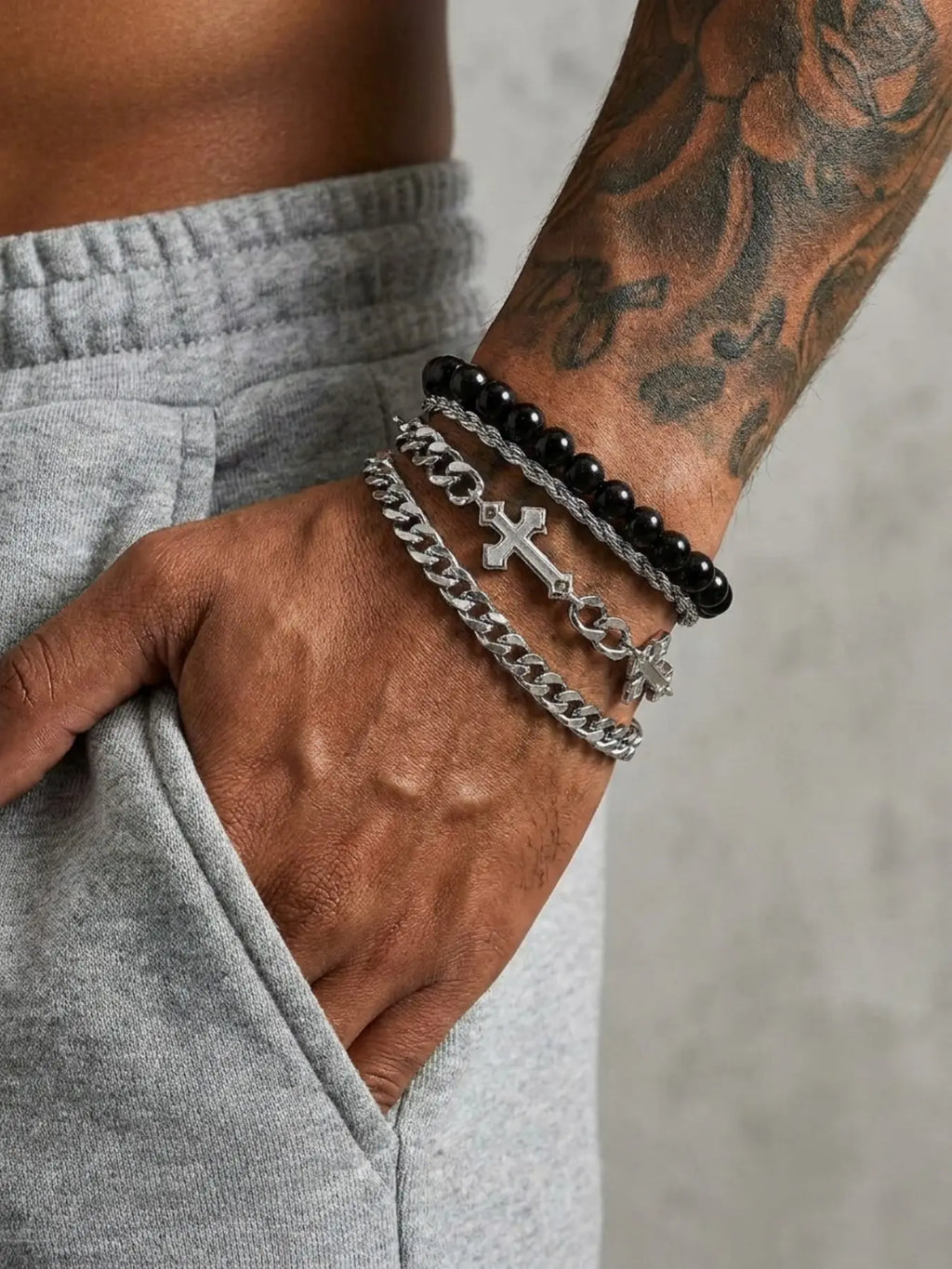 4 Piece Cross Bracelet Set, Punk Style, Silver Color Cuban Chain & Bead Chain, Unique Design, All Seasons Fashion Accessory, Chunky Link Bracelet, Bracelet Jewelry, Cuban Chain Bracelets, Bracelets Stack, Fashion Cool Accessories
