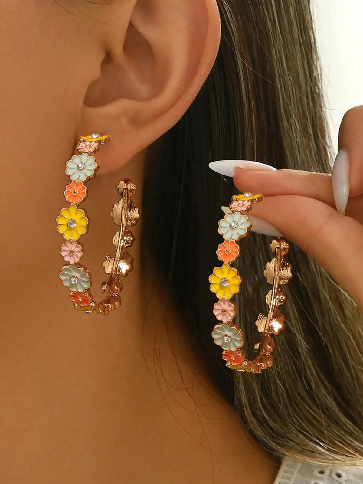 1 Pair Cute Floral Resin Druzy Hoop Earrings, Colorful Earrings, Fashionable Earrings, Casual Trendy Jewelry, Suitable Gift For Girlfriend, Daily, Vacation, Party, Wedding, Jewelry Accessories