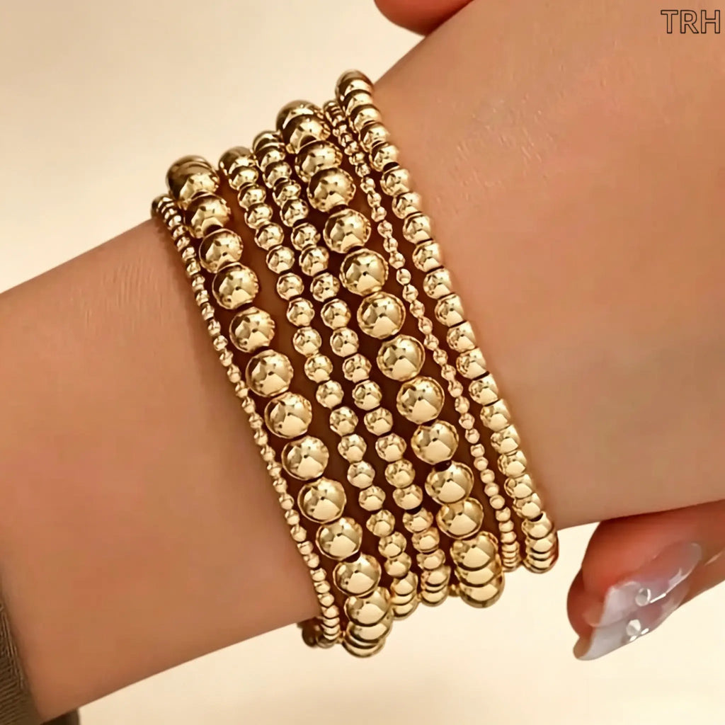 Women's 14Pcs Minimalist Gold-Toned Bangles Bracelets Set, Elastic Boho Stackable Beaded Mix Female Bracelets, Comfortable Stretch Costume Jewelry for Birthday,sohochic