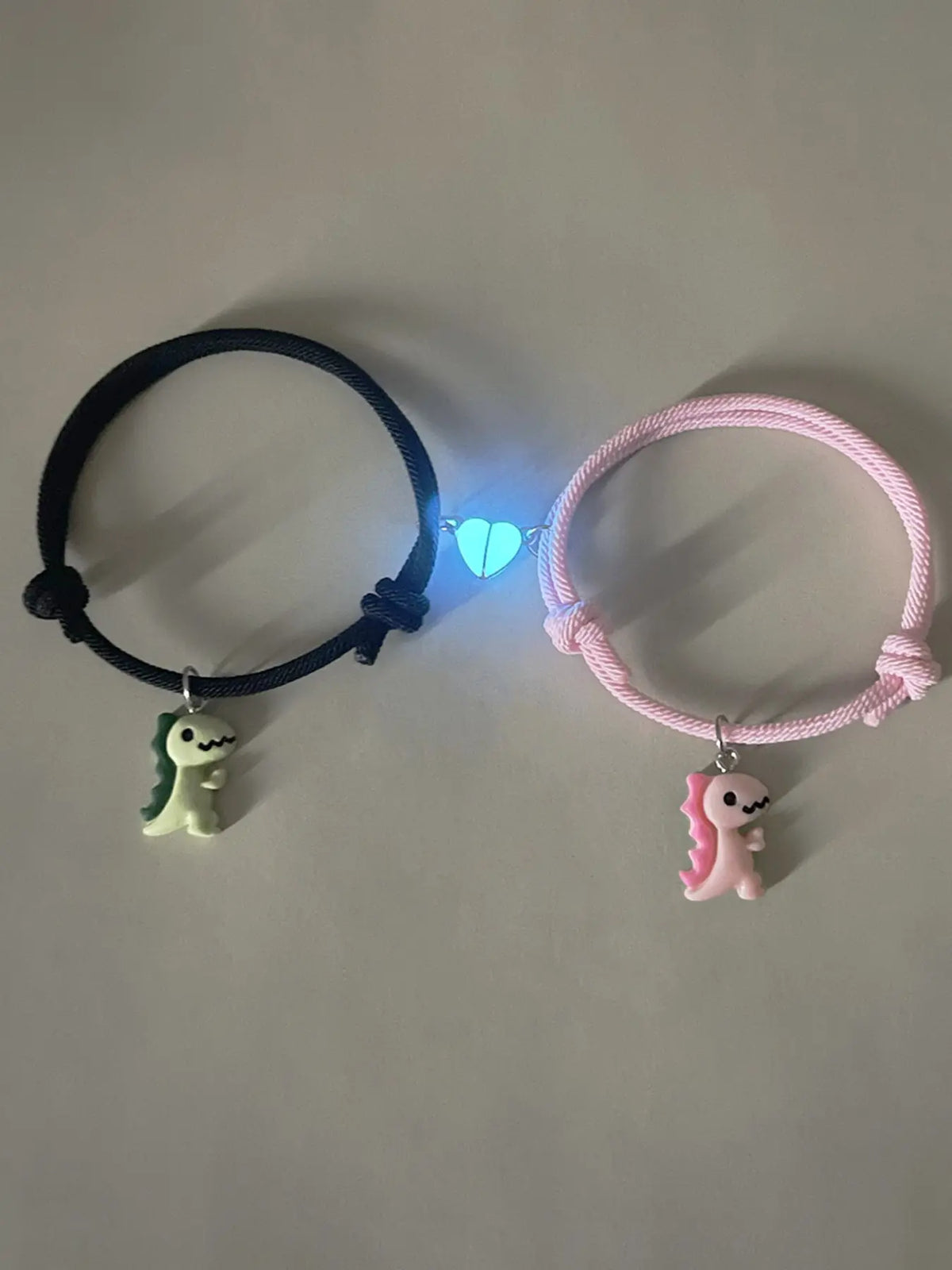 2 Pcs Glow-In-Dark Heart Dinosaur Pendant Couple Matching Bracelet, Cute Handmade Braided Wristband, Valentine's Day Gift, Anniversary Present, Jewelry, Bracelet for Couples