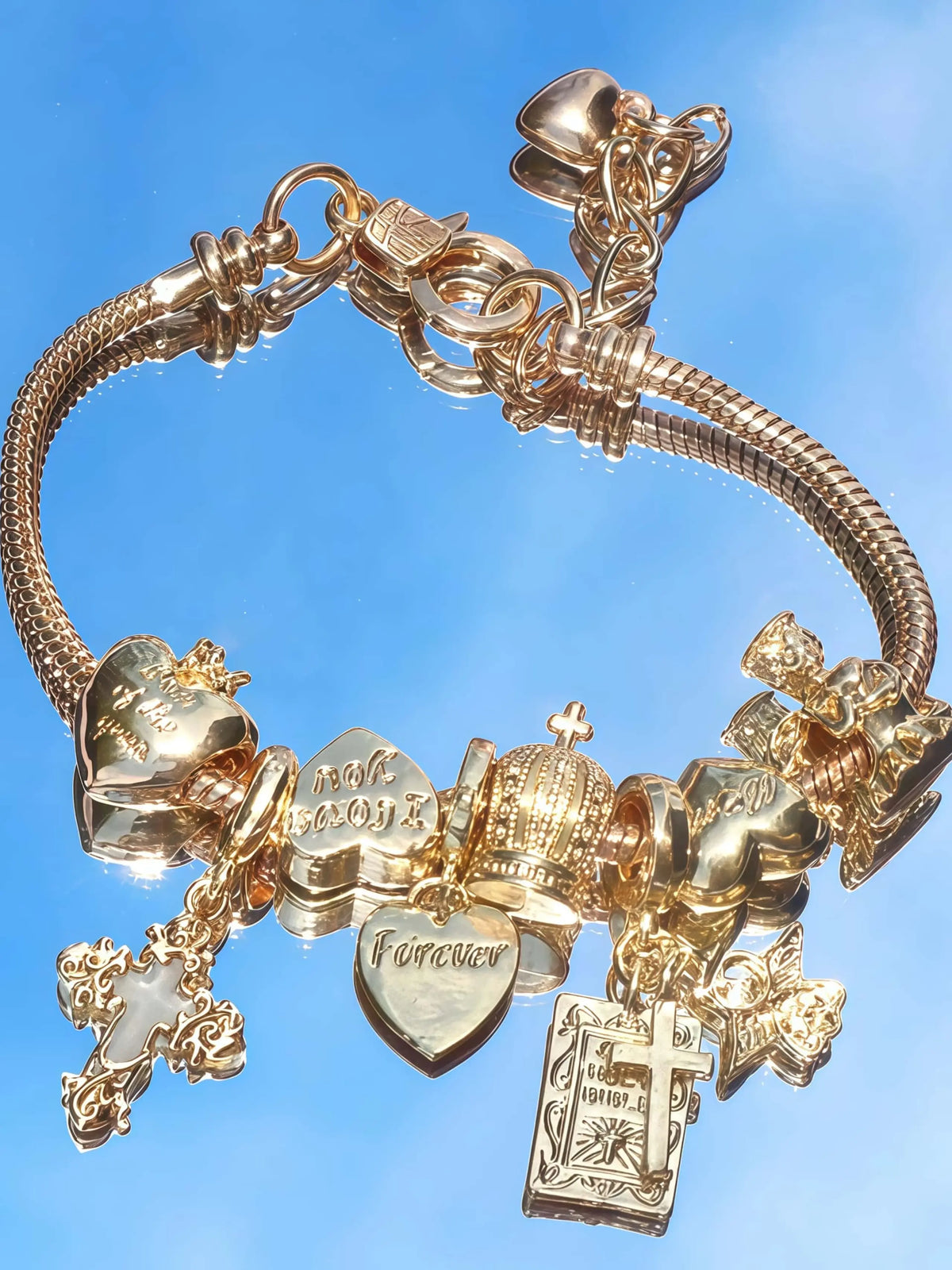 Women's Charm Bracelet, Stunning Cross, Bible, Heart, Crown & Angel Pendants, Snake Bone Chain Jewelry, Bracelet With Charms, Personalized Daily Party Accessory, Distinctive Jewelry Gift, Exquisite Bracelet, Fashion Bracelet