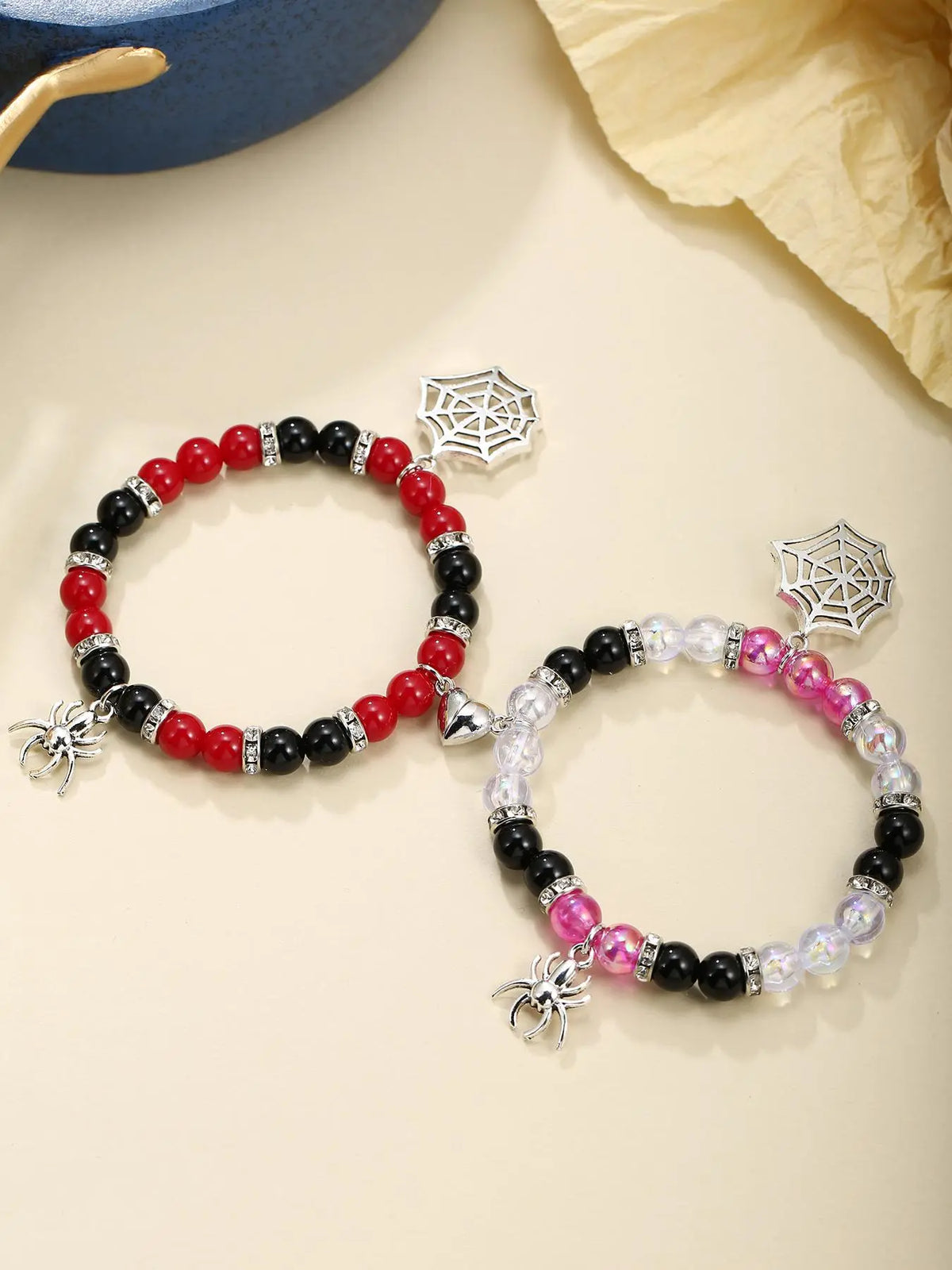 Fashion Spider & Net Design Charm Beaded Bracelet Set, Casual Simple Magnetic Heart Charm Jewelry for Party, Daily Clothing Decor, Adjustable Beaded Charm Bracelet, Beaded Bracelets Set