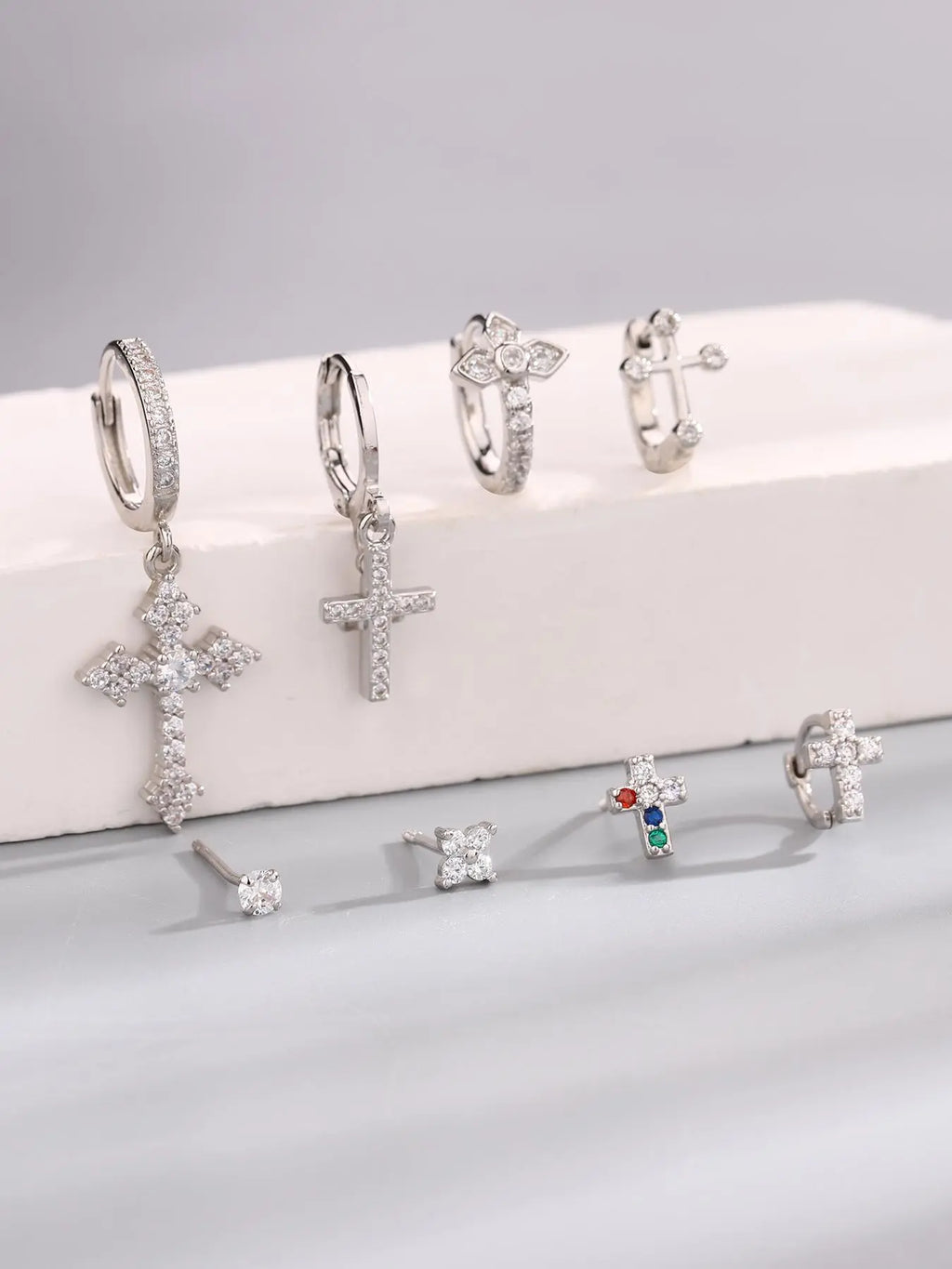 Women's Rhinestone Decor Earring Set, Cool Earrings, Star & Heart & Cross & Chain Design, Unique Jewelry for Birthday Gift, High Quality Earrings, Trendy Accessories, Shining Earrings, Sparkling Ear Jewelry