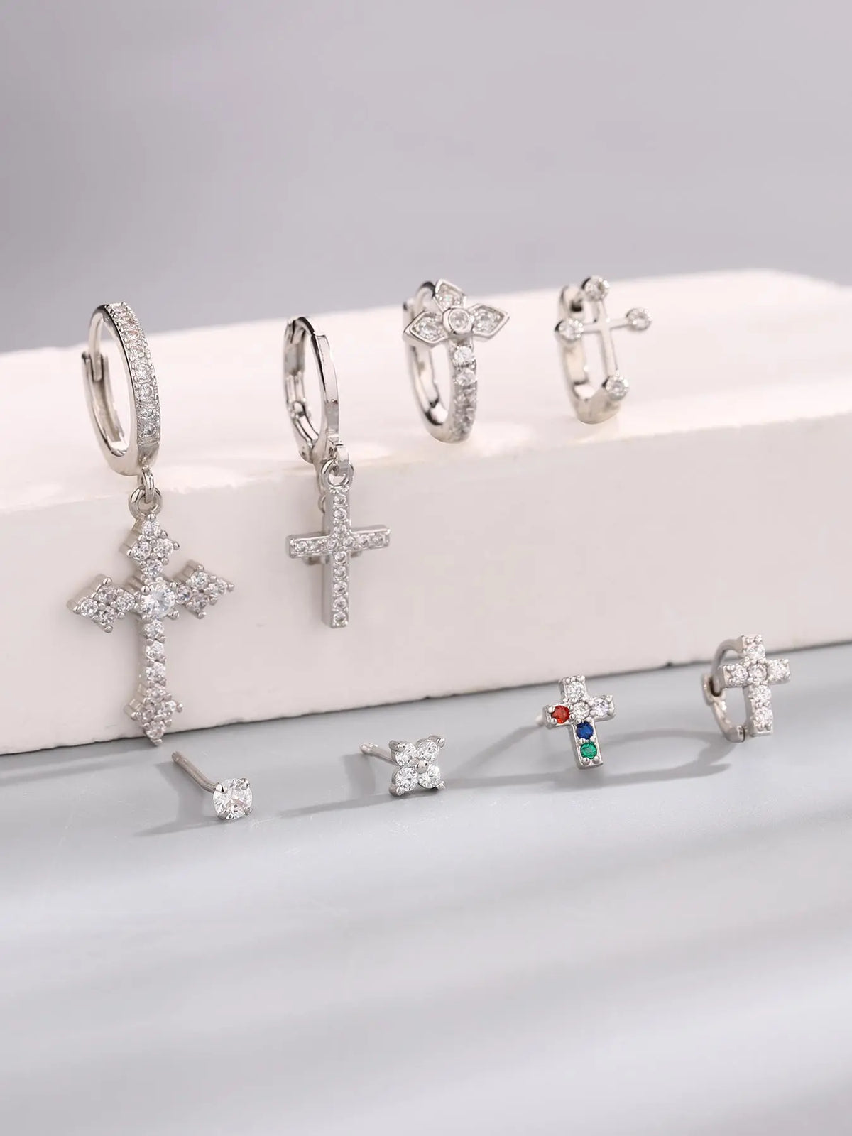 Women's Rhinestone Decor Earring Set, Cool Earrings, Star & Heart & Cross & Chain Design, Unique Jewelry for Birthday Gift, High Quality Earrings, Trendy Accessories, Shining Earrings, Sparkling Ear Jewelry