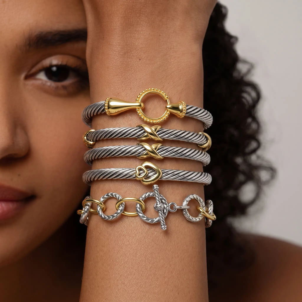 Aprilery 5PCS Stackable Twisted Cable Bracelet Set – Adjustable Two-Tone Cuff & Chain Link Design Jewelry Perfect Mother's Day Gift