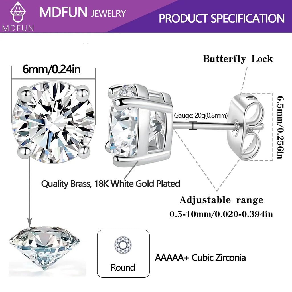 MDFUN 6MM Round Cubic Zirconia Stud Earrings Set, 4-Prong Setting Clear CZ Earrings for Men and Women, Hypoallergenic Classic Minimalist Jewelry,sohochic