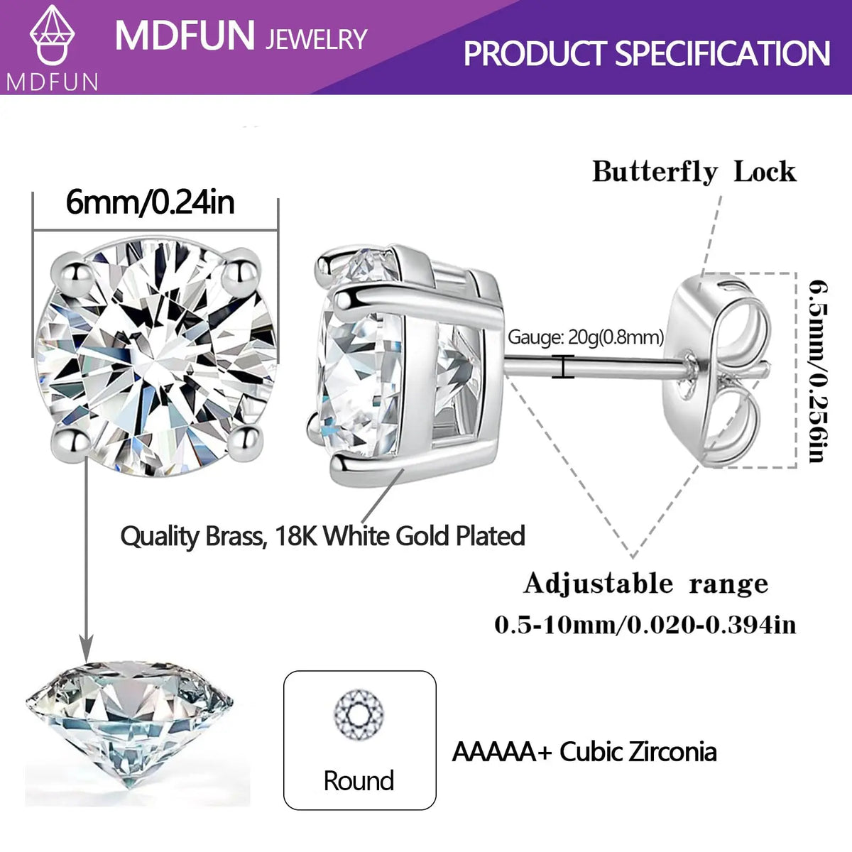 MDFUN 6MM Round Cubic Zirconia Stud Earrings Set, 4-Prong Setting Clear CZ Earrings for Men and Women, Hypoallergenic Classic Minimalist Jewelry,sohochic