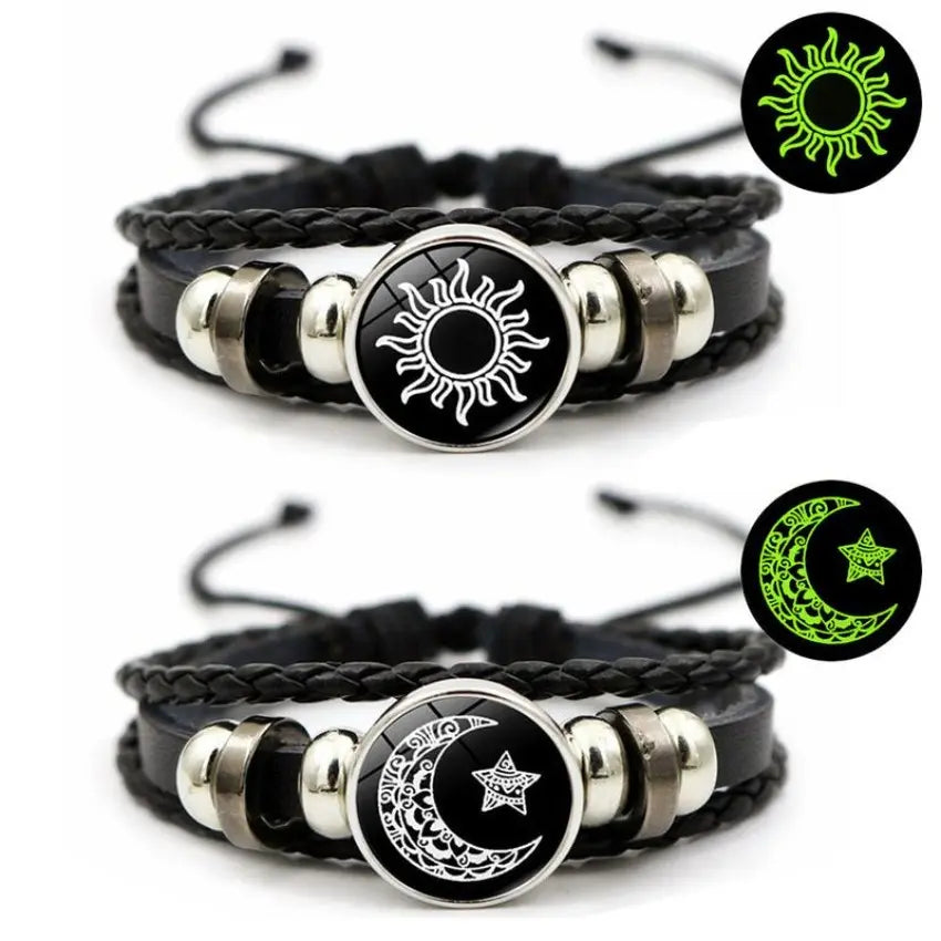 Vintage Punk Sun & Moon Lovers Stackable Cuff Bracelet - Multi-Layer Beaded Woven Band with Glass Accents, Pu Leather, Funky Unique Matching BF and GF Couple Accessory, Anniversary Gift for Her, Stackable Bracelet, Anniversary Gifts For Her,sohochic