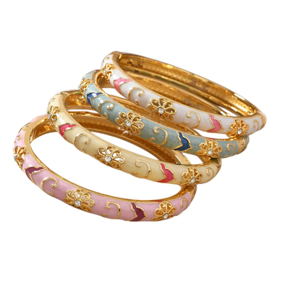 Women's Vintage Floral Enamel Bangle - Gold-Tone Cubic Zirconia Bracelet with Bling Effect, Gold Aesthetic Wrist Stack Accessory, Vintage Things for Party & Daily Wear, Ideal Women's Gift,sohochic