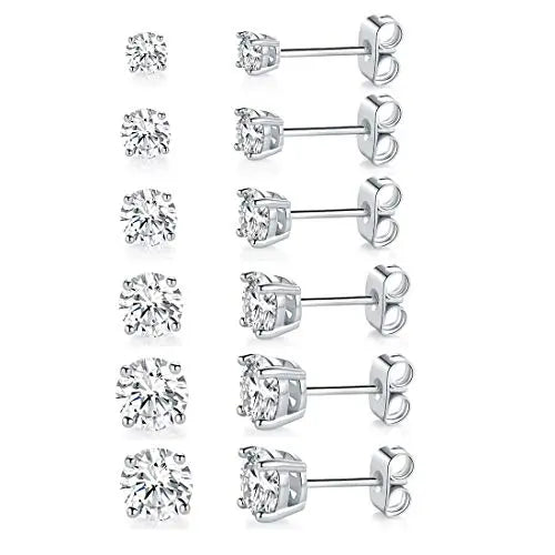 MDFUN 6MM Round Cubic Zirconia Stud Earrings Set, 4-Prong Setting Clear CZ Earrings for Men and Women, Hypoallergenic Classic Minimalist Jewelry,sohochic