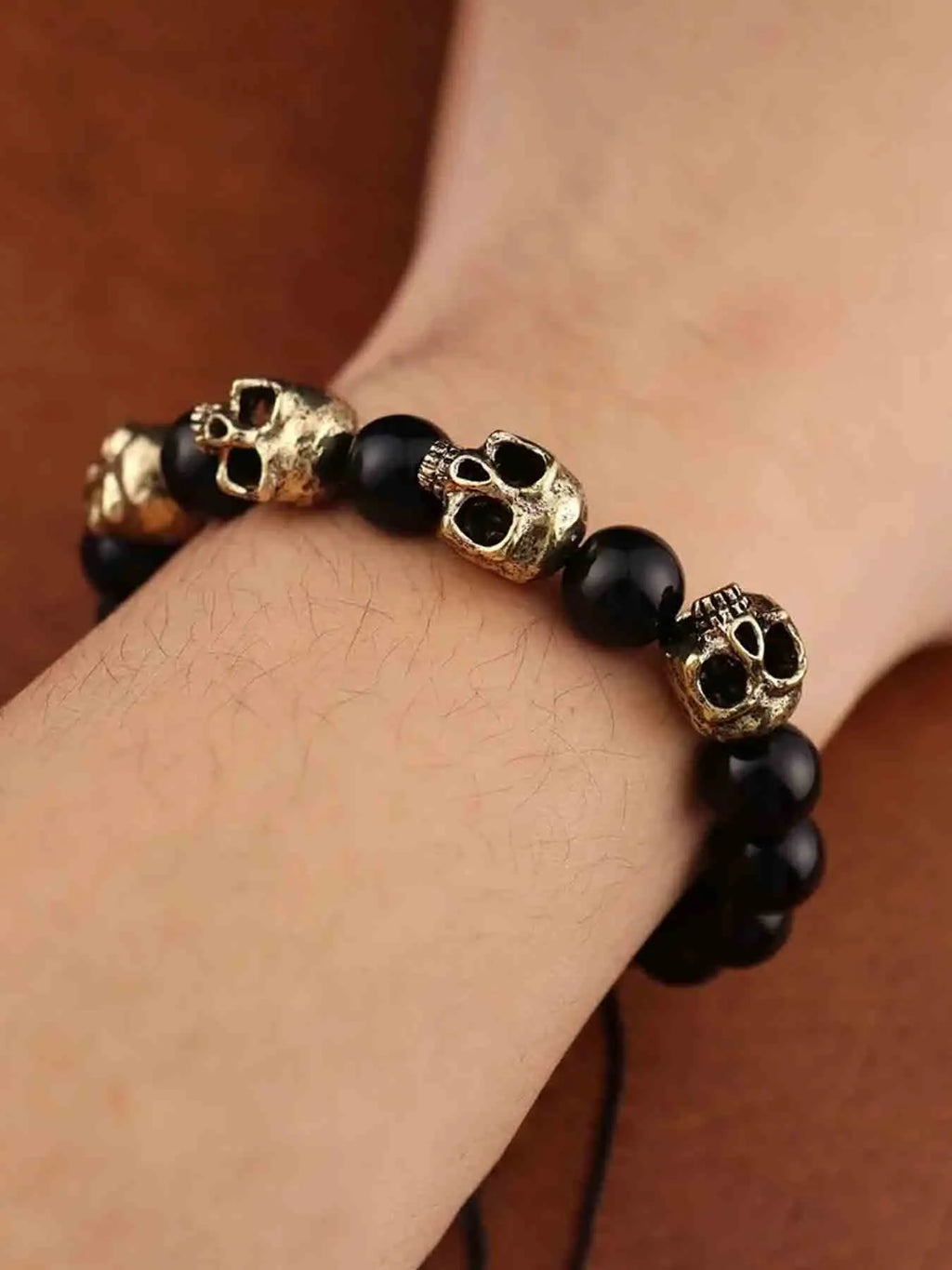 Vintage Gothic Skull Beaded Stretch Adjustable Bracelet, Trendy Punk Men's Party Street Style Personalized Wrist Bracelet, Fashion Jewelry