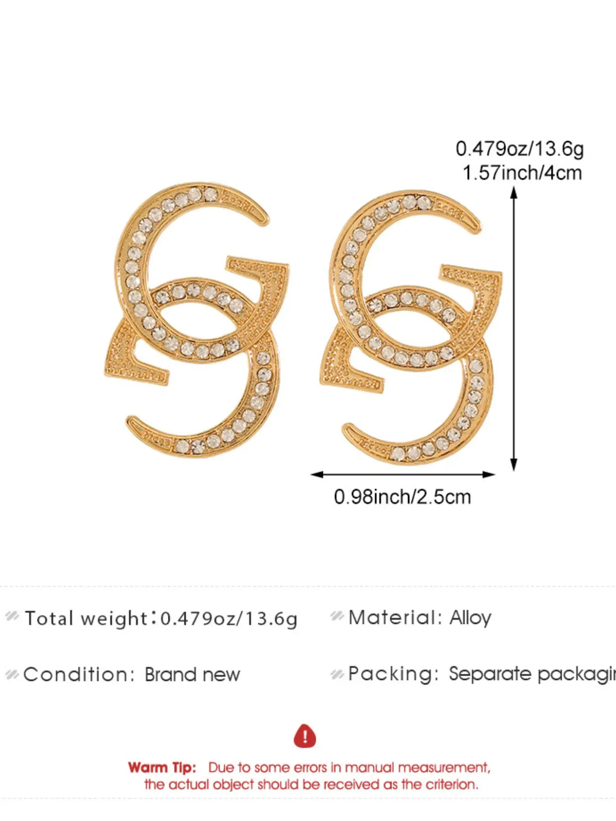 Luxurious Heavy Rhinestone Double G Letter Earrings Studs, Fashionable Earrings, Fashion Jewelry, Bold Large Size, Silver Color &, Vintage Style, Perfect for Parties
